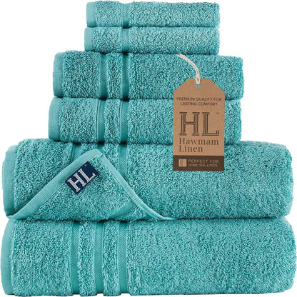 6 Set 2 2 2 Hawmam Linen Teal Turquoise Piece Bath Towels for Bathroom Original Turkish Cotton Soft, Absorbent