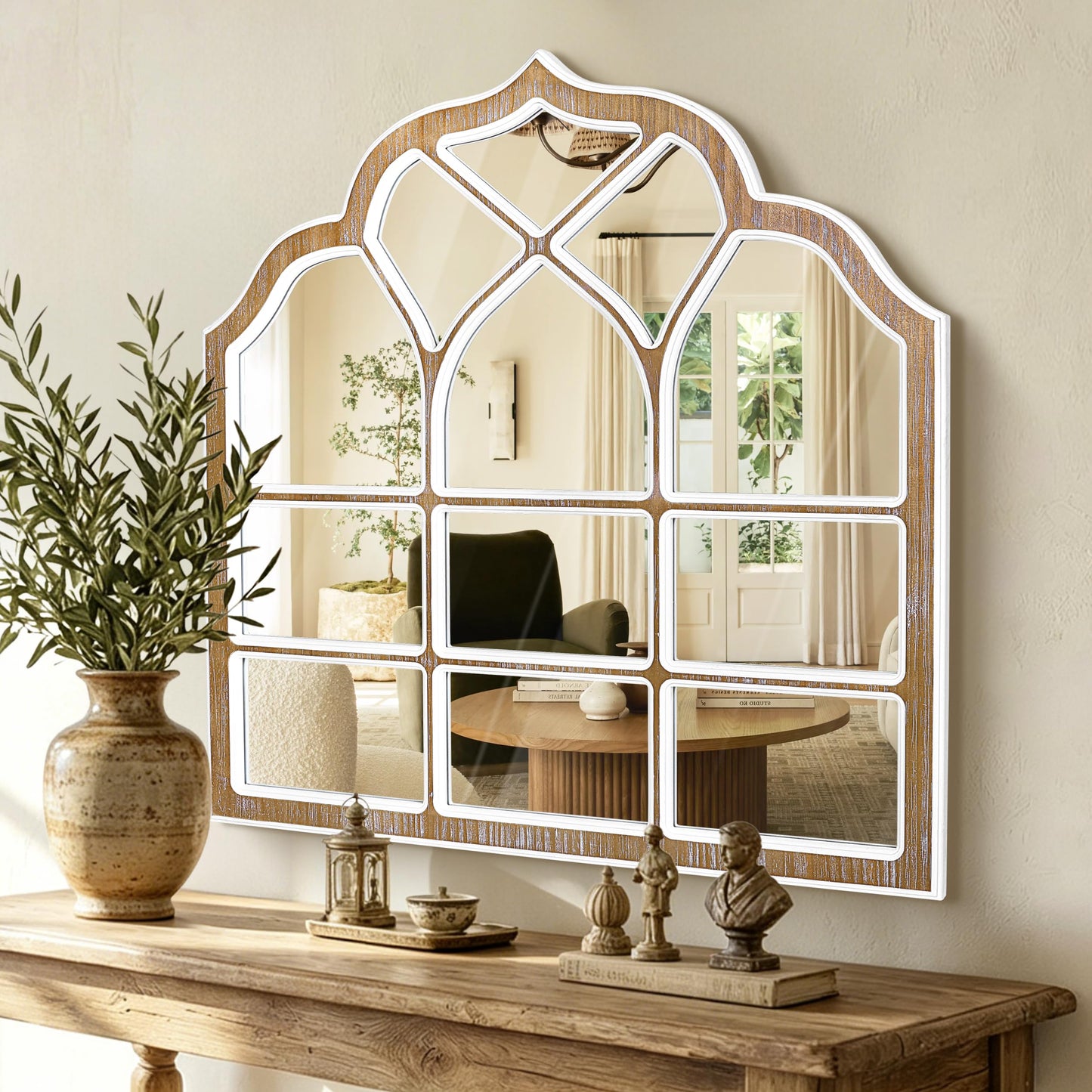 XGGJWW 36x36 Inch Window Pane Wall Mirror, Farmhouse Gothic Arched Mirror, Rustic Decorative Cathedral Mirror for Living Room Entryway Home Decor