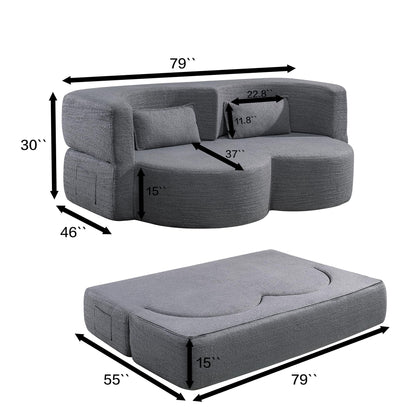 KEIKI 79" Convertible Floor Sofa Bed, Fold ‌Teddy Sleeper Cloud Couch with Storage & Deep Seat, Comfy Upholstery Curved Boneless Futon Couches, 2-in-1 Sofas for Living Room Bedroom, No Assembly, Grey