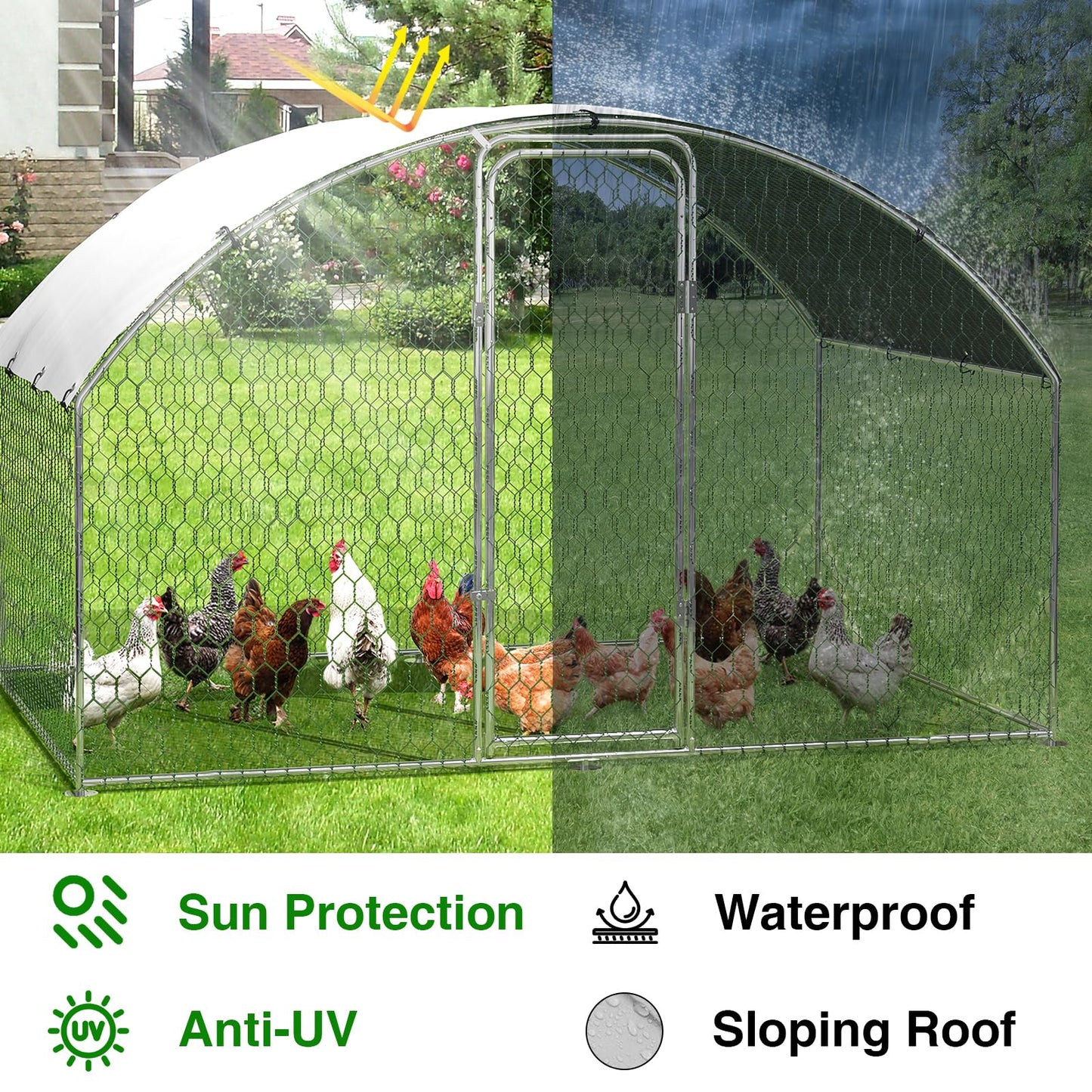 Large Metal Chicken Coop, Outdoor Chicken Runs for Yard with Cover,Large Chicken Run with Upgrade Tri-Supporting,Waterproof and UV-Resistant,Walk-in Poultry Cage for Farm Yard(9.8'l x 6.5'w x 6.5'h)
