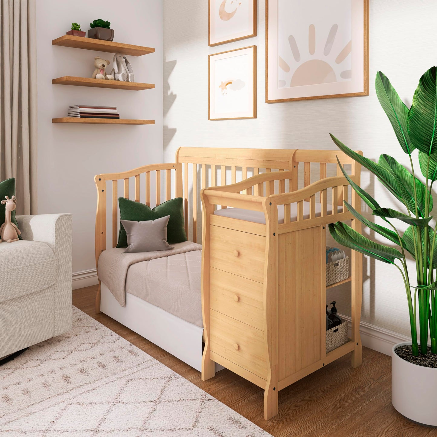 Dream On Me Jayden 4‑in‑1 Mini Convertible Baby Crib & Changer with Storage in Natural, Pinewood, GreenGuard Gold & BSA, 1” Mattress Pad, 3 Mattress Heights, Converts to Mini Day & Twin-Size Bed