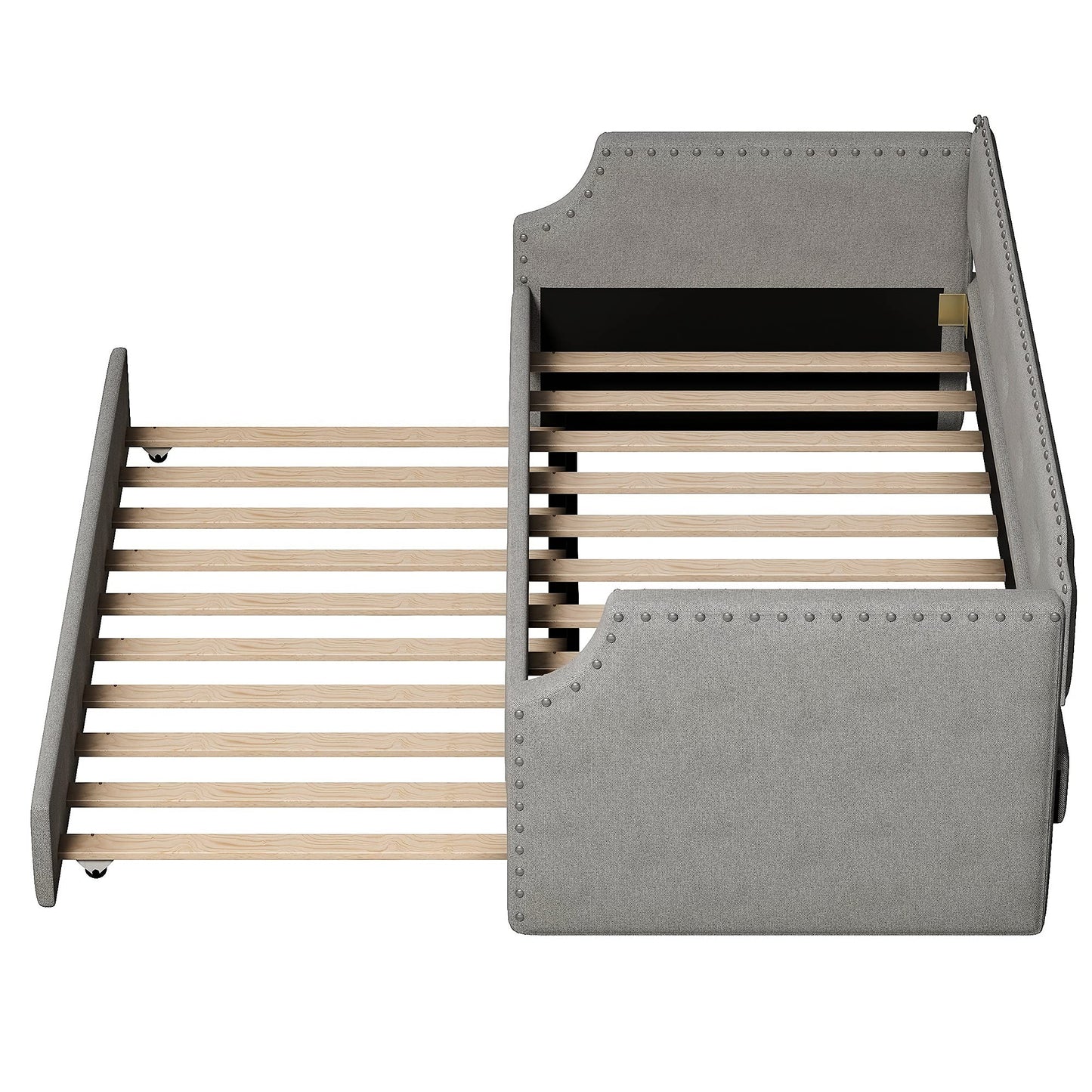 Acosure Twin Size Linen Upholstered Daybed with Trundle,Wooden Frame Armrests Bed W/Wood Slat Support,Arched Back & Nailhead Trim,for Kid,Dorm and Guest Bedroom,Gray