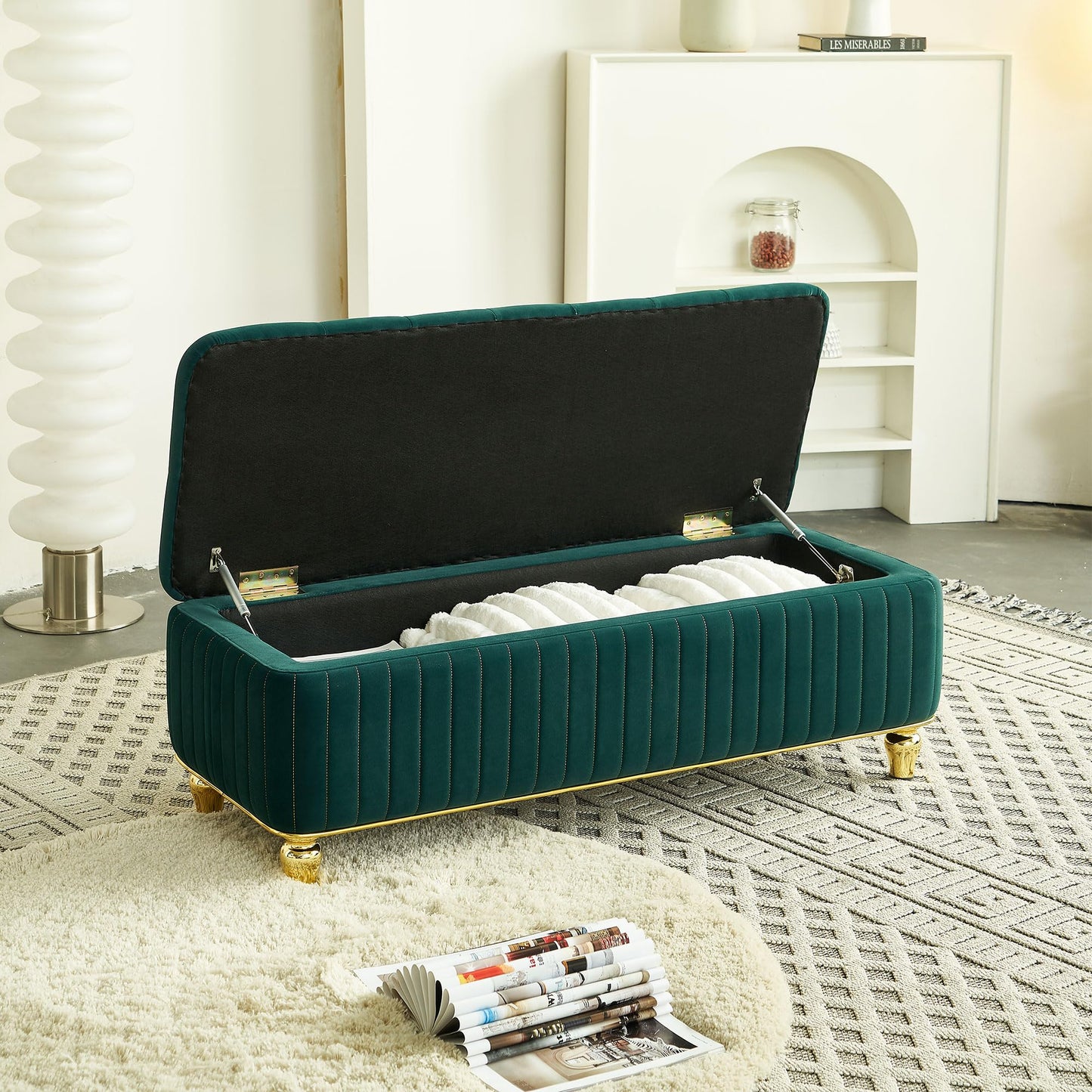 KEIKI 47" Rectangle Velvet Tufted Ottoman Bench with Solid Metal Leg, Modern Style Storage Footstool with Deep Button Tufting and Gold Embroidery, Easy Assembly, for Living Room, Bedroom, Green