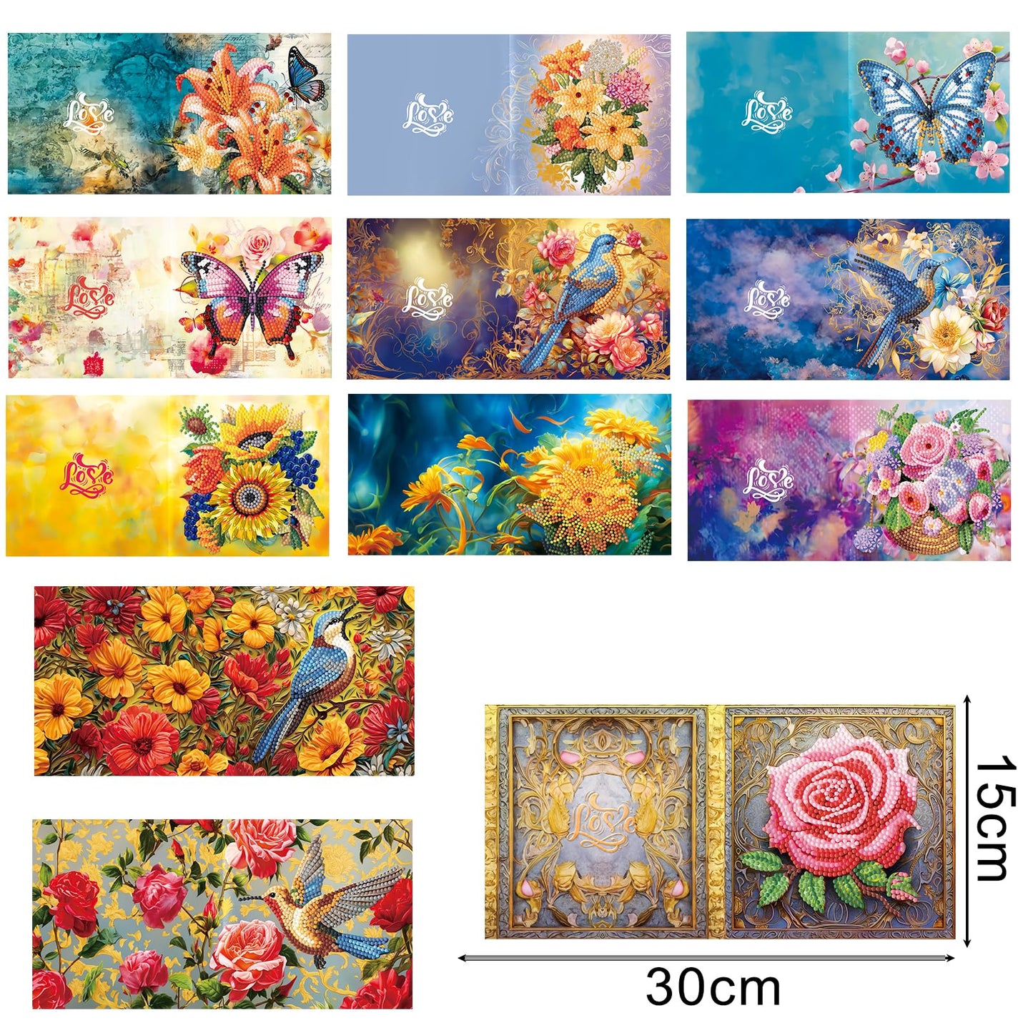 pigpigboss 12 Packs Flower Butterfly Diamond Painting Greeting Card Kit, Bird Diamond Art Birthday Cards with Envelope, Diamond Dots Thank You Card for Beginner Adult Birthday Holiday Blessing
