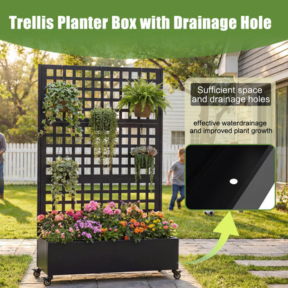 KEIKI 73"x47"x16" Planter Trellis Box with Wheels, Metal Outdoor Resin Raised Garden Bed for Climbing Plants, Large Weather-Resistant Design, Black