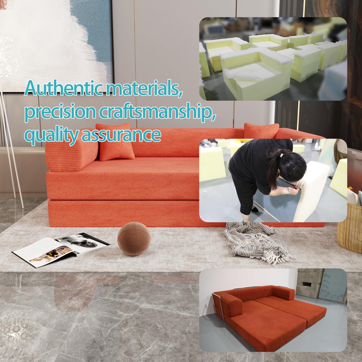 KEIKI Convertible Futon Floor Sofa Bed with Pillows, Corduroy Foldable Sleeper Couch for Living Room & Bedroom, Tangerine