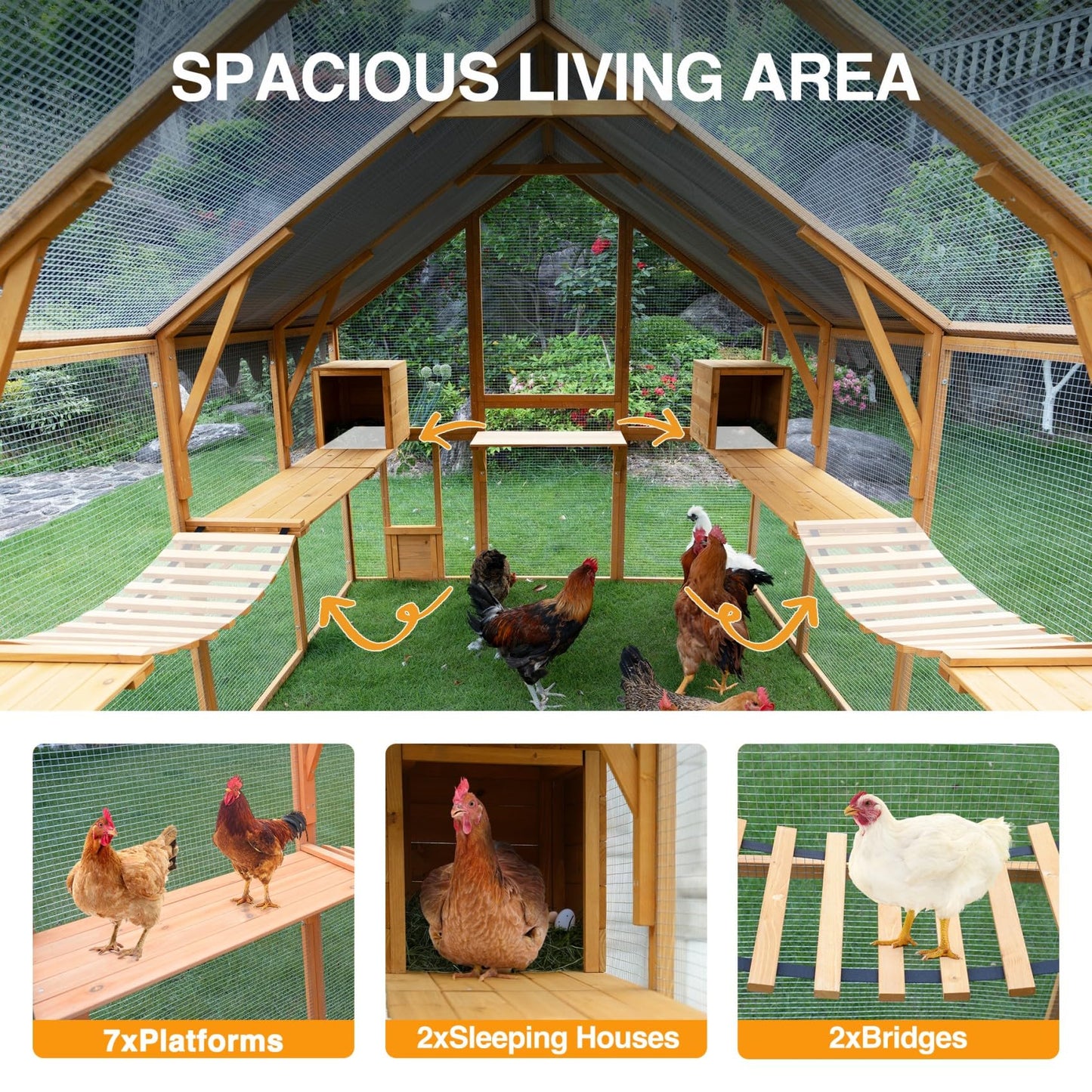 KEIKI 110"L Outdoor Large Chicken Coop with Waterproof Cover, Roosting Platform, Wire Mesh & 2 Lift Small Doors with Locks, Wood Chicken Coop House with Run for Cat Kitten Playpen, Duck, Rabbit, Quail