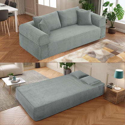 83" Modern Sofa in a Box, No Assembly Oversized 3 Seater 28" Deep Seat Cloud Sofa Bed Couch with 4 Furry Pillows & Corduroy Fabric, Boneless Couch with Side Storage Pockets for Living Room, Light grey