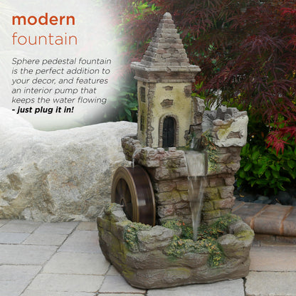 Alpine Corporation USA1164 Outdoor Floor Tiered Fairy Castle Waterwheel Water Fountain with Realistic Stone Look, 35", Brown