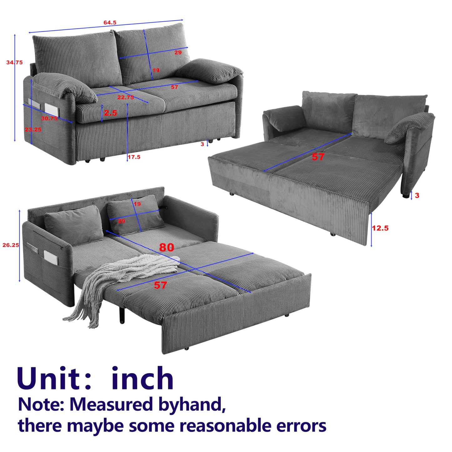 Eafurn 3 in 1 Convertible Pull Out Sleeper Sofa Couch Bed Queen Size, Corduroy Pullout Lounge Loveseat RV Sofa&Couches Sofabed with Soft Pillows Armrest,Side Pockers for Living Room Apartment