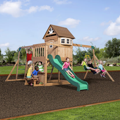 Backyard Discovery Montpelier Cedar Wood Swing Set, Wave Slide, Clubhouse, Monkey Bars, Picnic Area, Snack Bar, Belt Swings, Trapeze, Balcony, Playhouse, Working Door, Ladder, Outdoor Playset