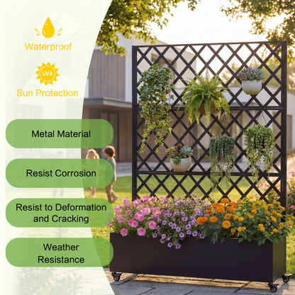 KEIKI 73"x47"x16" Metal Planter Trellis Box with Wheels & Drain Plug, Outdoor Resin Raised Garden Bed for Climbing Plants, Large Weather-Resistant Design, Black