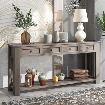 KTATK Solid Wood Console Sofa Table with 4 Drawers and Tabletop,Bottom Shelf for Entryway Hallway or Living Room,Space Saving,Easy to Assemble,Gray Wash,63" L×14" W×30" H