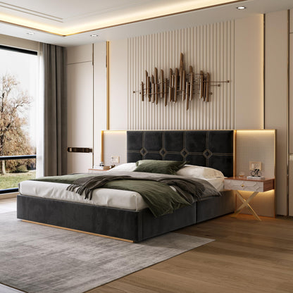 GDFStudio King Size Velvet Platform Bed Frame with LED Wall Lights & Floating Nightstands, Upholstered Headboard with Metal & Wood Frame, No Box Spring Needed, Easy Assembly, Black