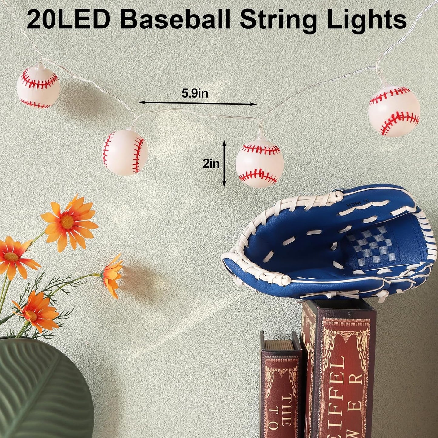 9.9ft 20LED 2 Yayfazy Baseball Decor String Lights, Battery Operated Mode with Sports Room Decor Lights for Boys