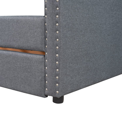 Merax Upholstered Twin Daybed Frame with 2 Storage Drawers, Linen Fabric Wood Sofa Bed, Diamond-Tufted Backrest & Rivets Armrests, Sturdy Wood Slat Support, No Box Spring Needed, Bear 400LBS, Gray