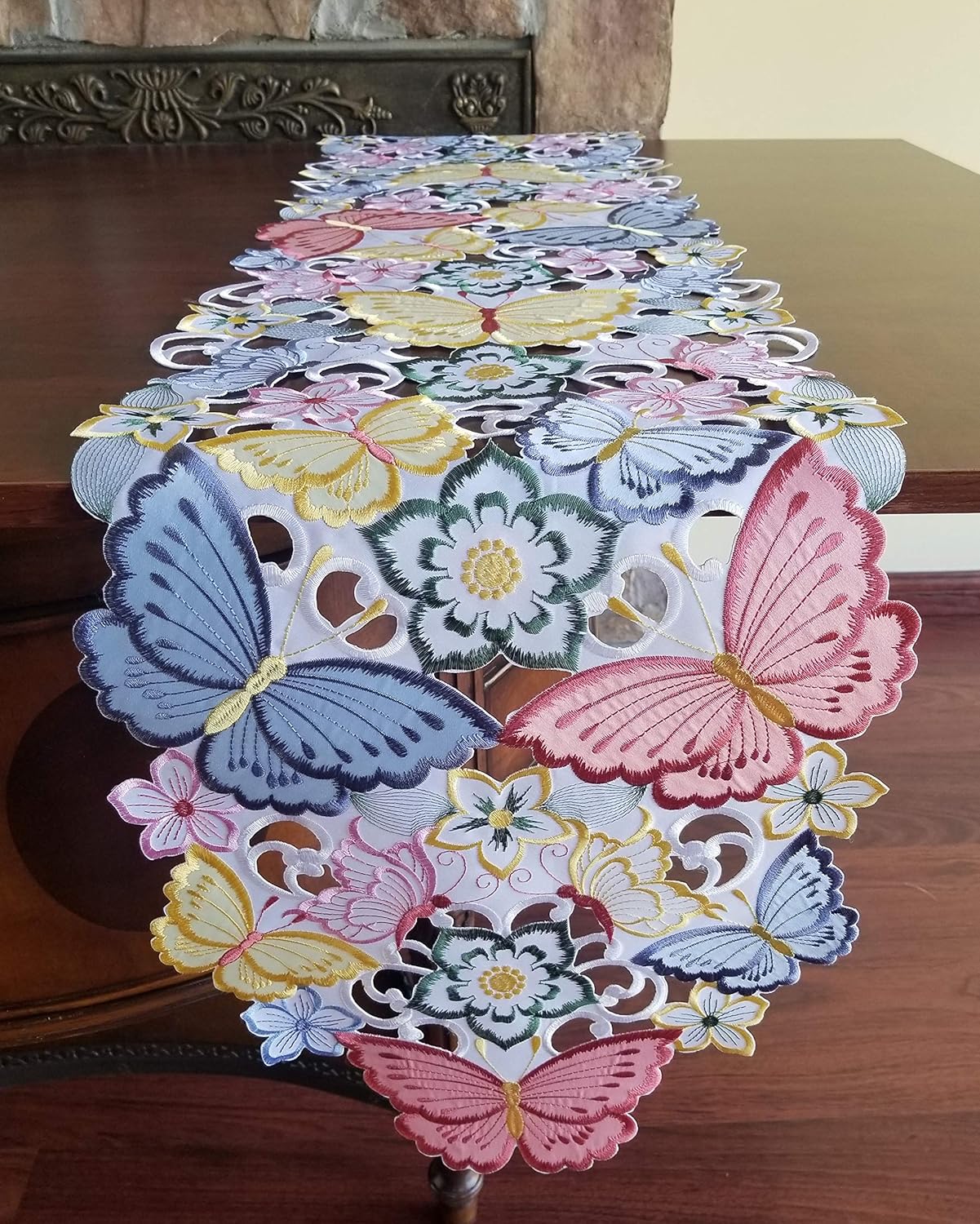 Easter Table Runner, Spring Embroidered Butterfly Applique Floral Cutwork, 13"×68"