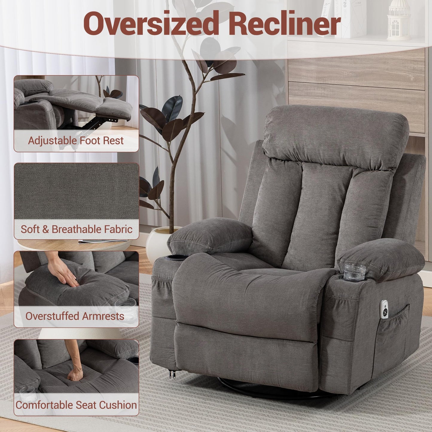 WINVO Rocker Recliner, Glider Recliner Chairs for Adults, 360° Swivel Recliner Chair w/Massage and Heating, Nursery Chair with Rocking Function, Side Pocket, Cup Holders for Living Room, Bedroom, Grey