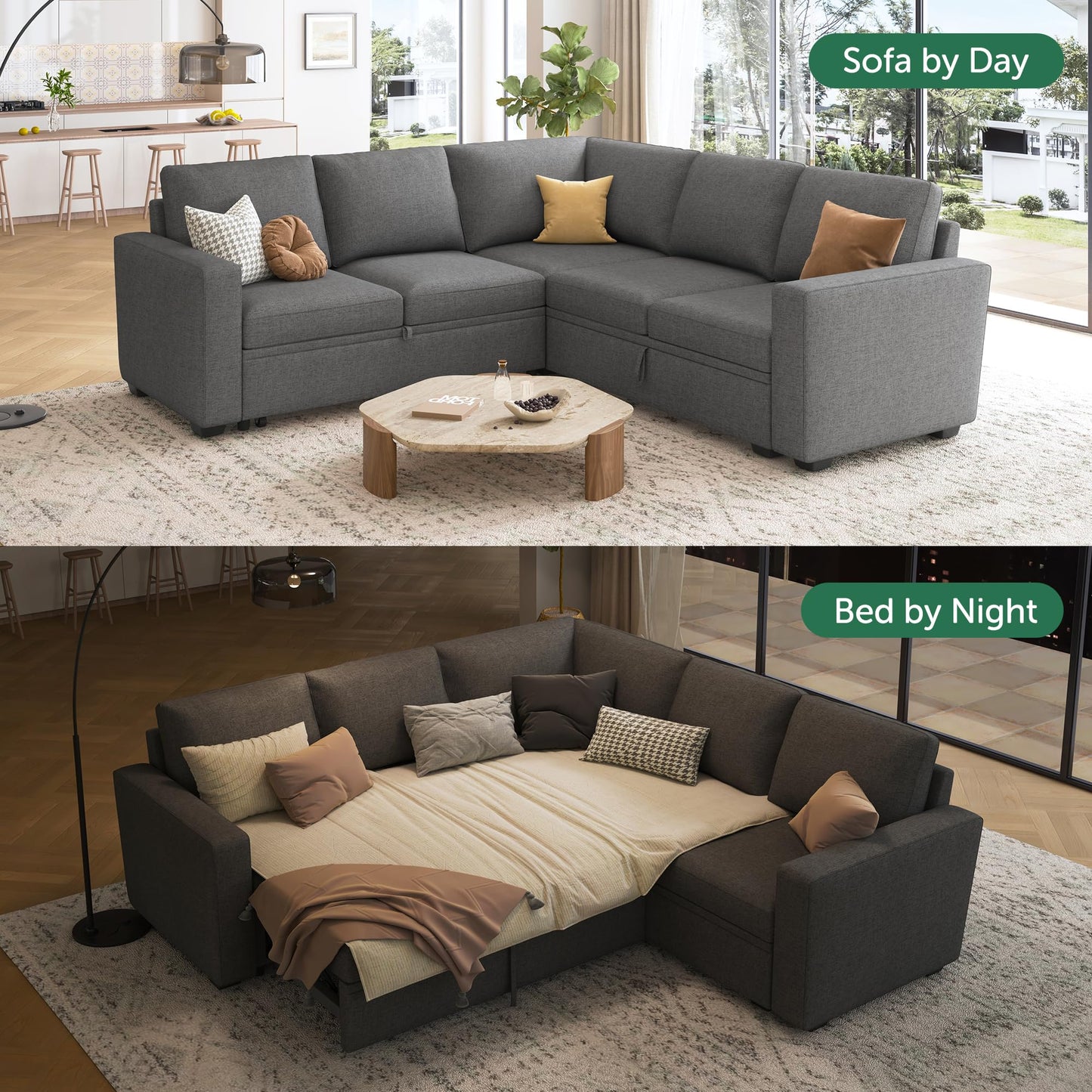HONBAY Sectional Sleeper Sofa with Pull Out Bed, L Shaped Couch with Storage Seat, Modular Sectional Couches for Living Room, Dark Grey