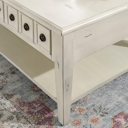 Powell Kelly Cream Coffee Table with Three Pull Thru Drawers and Open Shelf