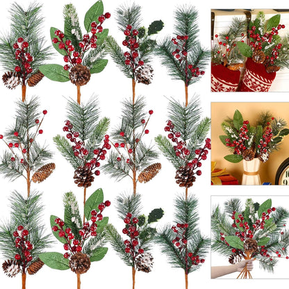 12 14 Inch Tatuo Pieces Christmas Pine Picks and Sprays Artificial Assorted Berry Stem Large Faux Pine Cone Branches