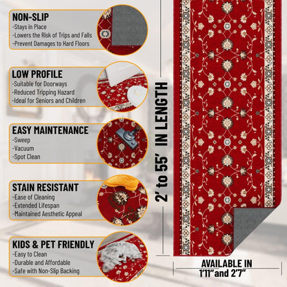 Ottomanson Aisle Runner Rug 2'7" x 50' – Soft Non-Slip Rug, Low Pile Carpet for Hallways, Events, Churches & Extra-Long Indoor Spaces, Mahal Red