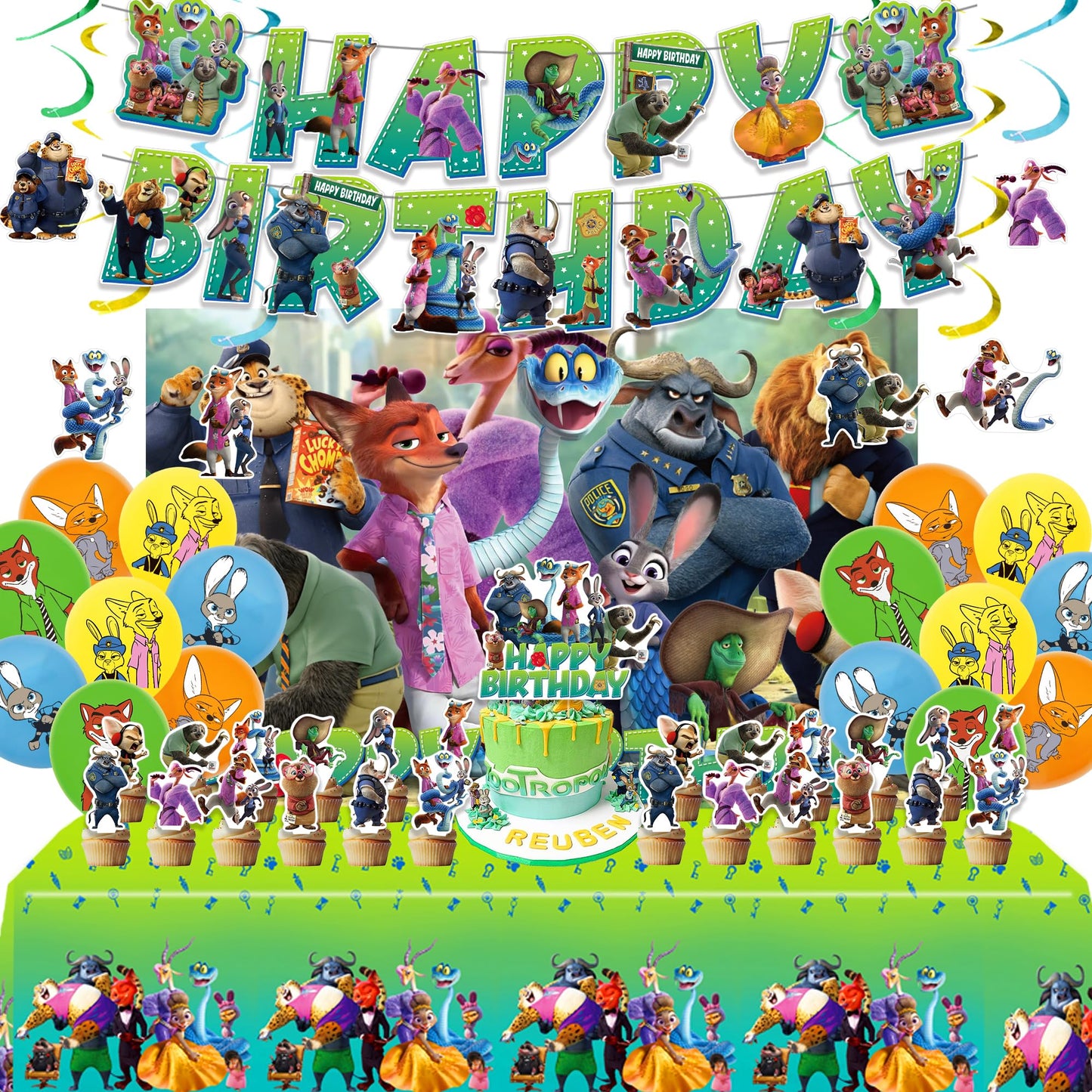 Birthday Party Decorations Set - 1 Backdrop (39" x 59"), 1 Big Topper, 1 Tablecloth, 15 Birthday Banner, 24 Cupcake Toppers, 16 Balloons, 6 Hanging Swirls - JungleThemed Game Celebration