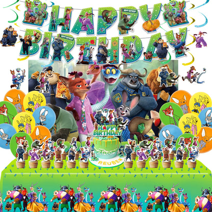Birthday Party Decorations Set - 1 Backdrop (39" x 59"), 1 Big Topper, 1 Tablecloth, 15 Birthday Banner, 24 Cupcake Toppers, 16 Balloons, 6 Hanging Swirls - JungleThemed Game Celebration