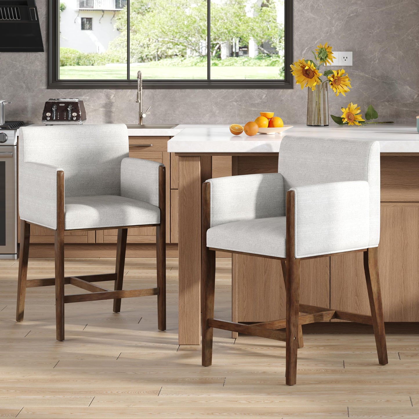 Christopher Knight Home Willer 24'' Comfy Upholstered Counter Height Bar Stools Set of 2, Counter Stools for Kitchen Island, Wood Dining Room Chair, Bar Stool with Footrest/Armrest, Walnut + Beige