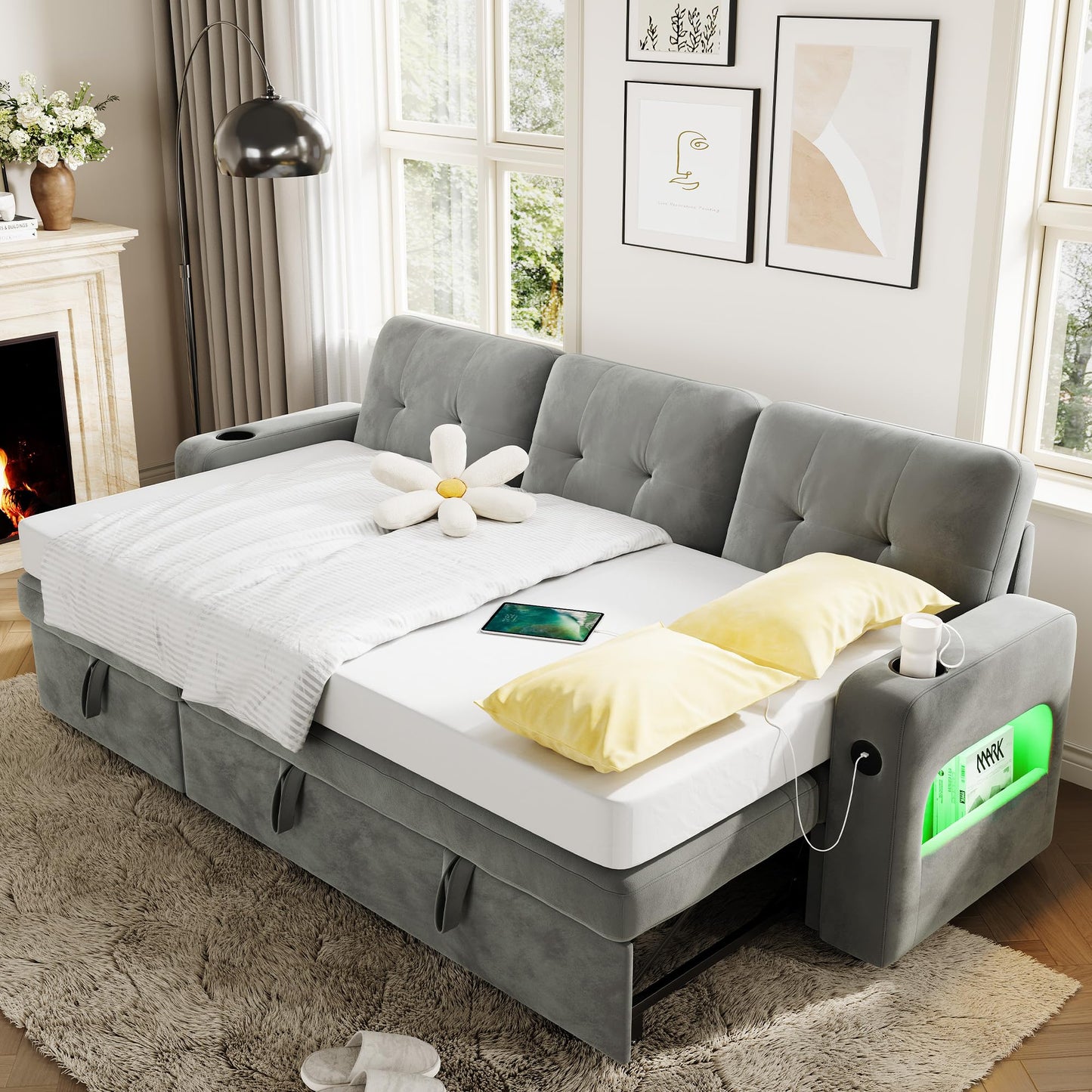 IDEALHOUSE 84" L Shaped Sleeper Sofa, Convertible Pull-Out Couch Bed with Storage & Charging Station, Sectional Sofa Bed with Cup Holder, Reversible Chaise for Living Room, Velvet, Light Gray