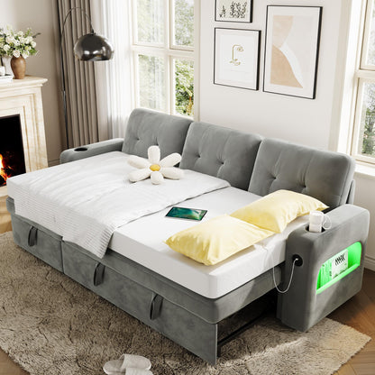 IDEALHOUSE 84" L Shaped Sleeper Sofa, Convertible Pull-Out Couch Bed with Storage & Charging Station, Sectional Sofa Bed with Cup Holder, Reversible Chaise for Living Room, Velvet, Light Gray