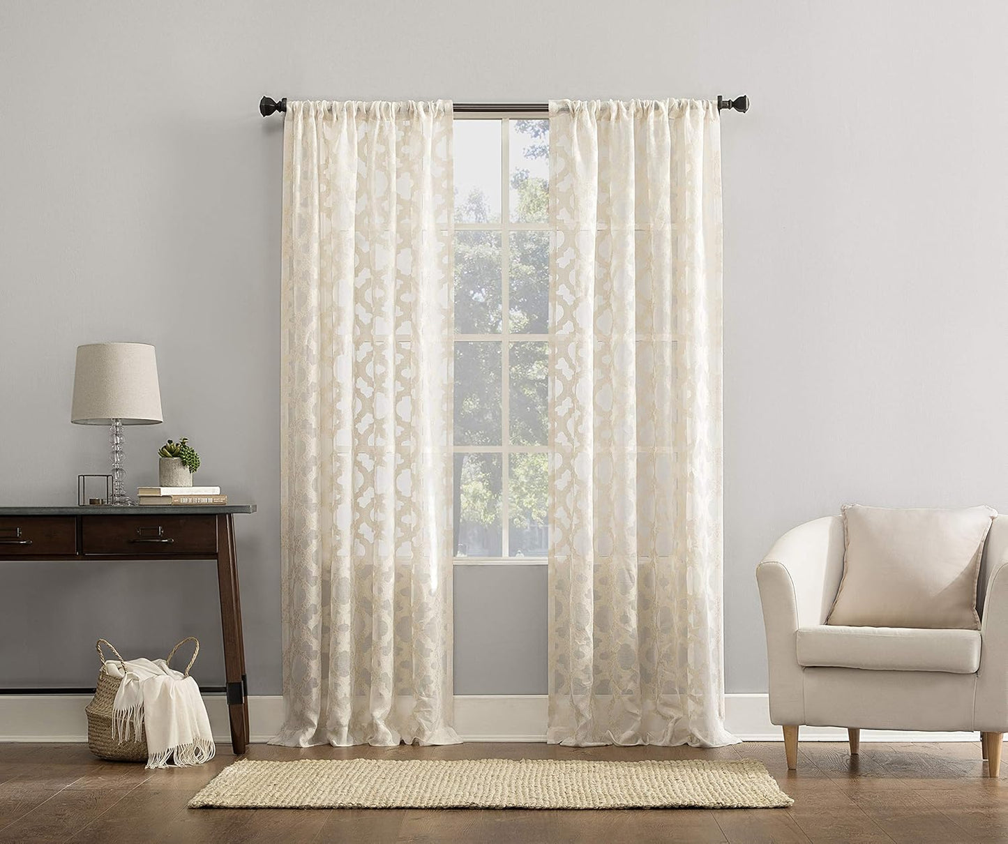 No. 918 Yvette Trellis Jacquard Sheer Curtain Panel, 52" x 84", Cream Off-White Rod Pocket