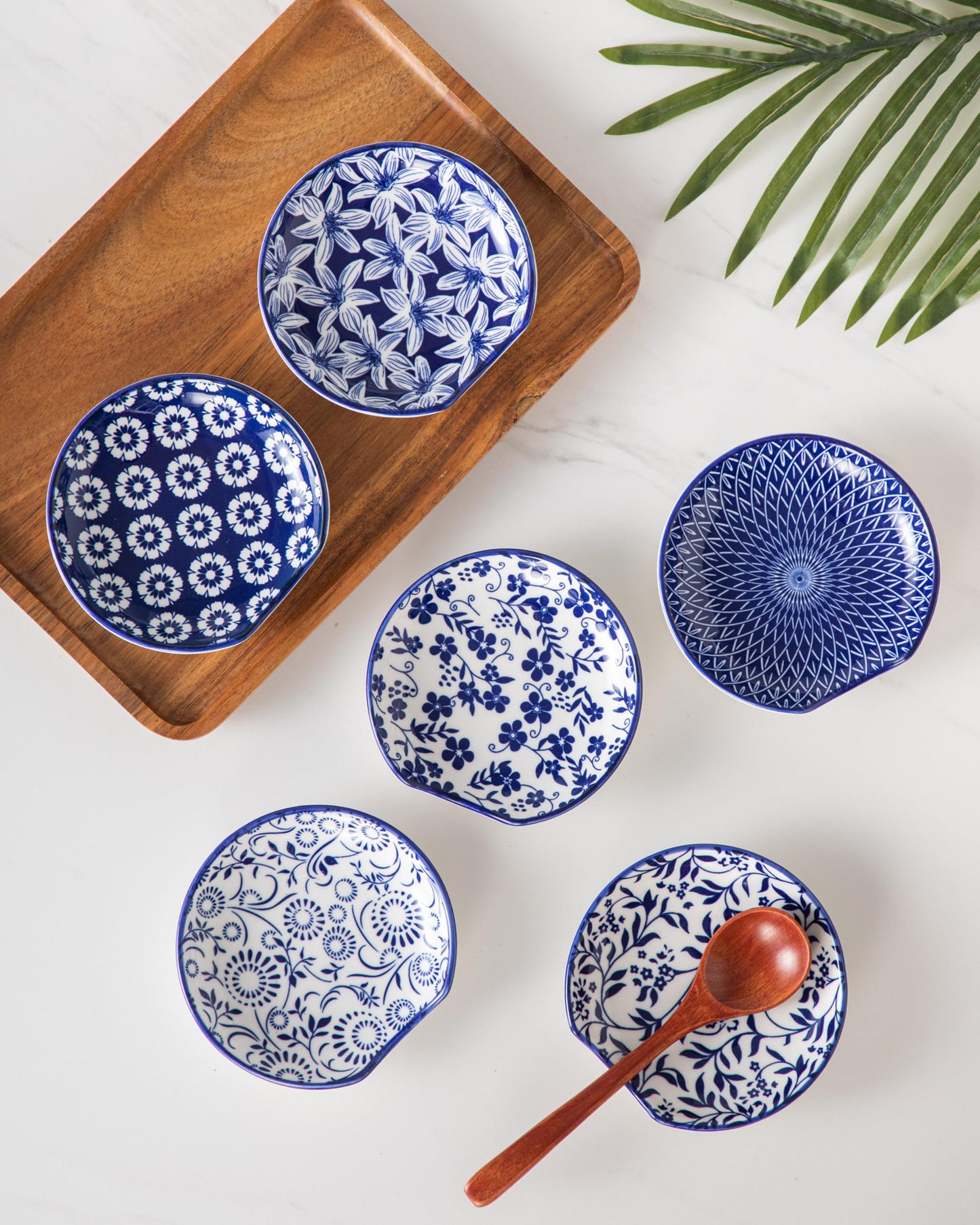 vancasso 6-Pack Ceramic Spoon Rest for Stove Top, Decorative Ceramic Cooking Spoon Holder for Kitchen Counter, 4.8 Inch Blue White Chinoiserie Floral Spoon Rest, Farmhouse Style, Heat-Resistant