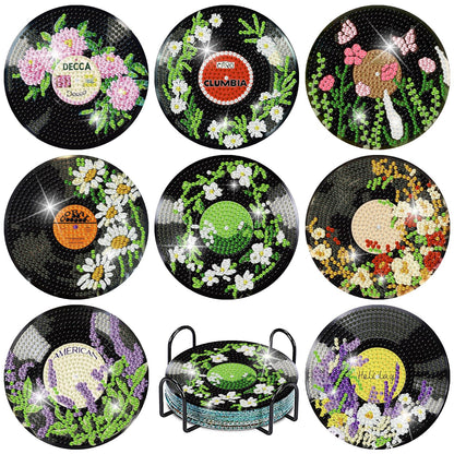 Yijingtop 8pcs CD Diamond Painting Coasters Kits with Holder,Flower Diamond Art Coasters, Crafts Kits for DIY Coasters Diamond Art Kits for Adults for Home Wall Decor