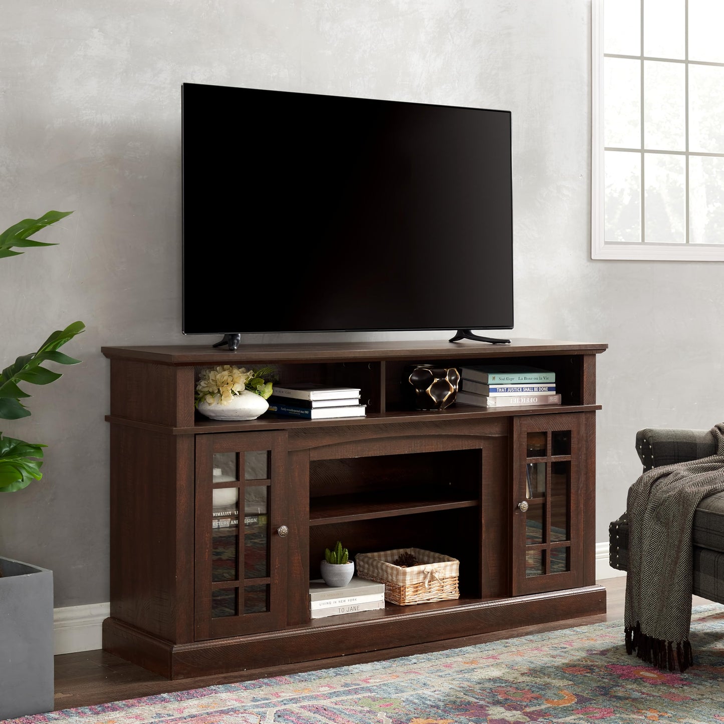 Trygoal Farmhouse TV Stand for 60 Inch TV, 58" Wood Entertainment Center with Glass Doors & 5 Cable Routing Holes, Sturdy Media Console Table for Living Room & Bedroom, Brown