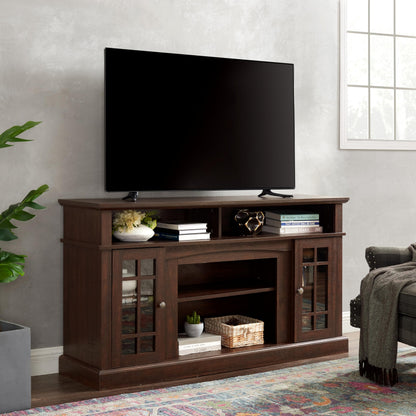 Trygoal Farmhouse TV Stand for 60 Inch TV, 58" Wood Entertainment Center with Glass Doors & 5 Cable Routing Holes, Sturdy Media Console Table for Living Room & Bedroom, Brown