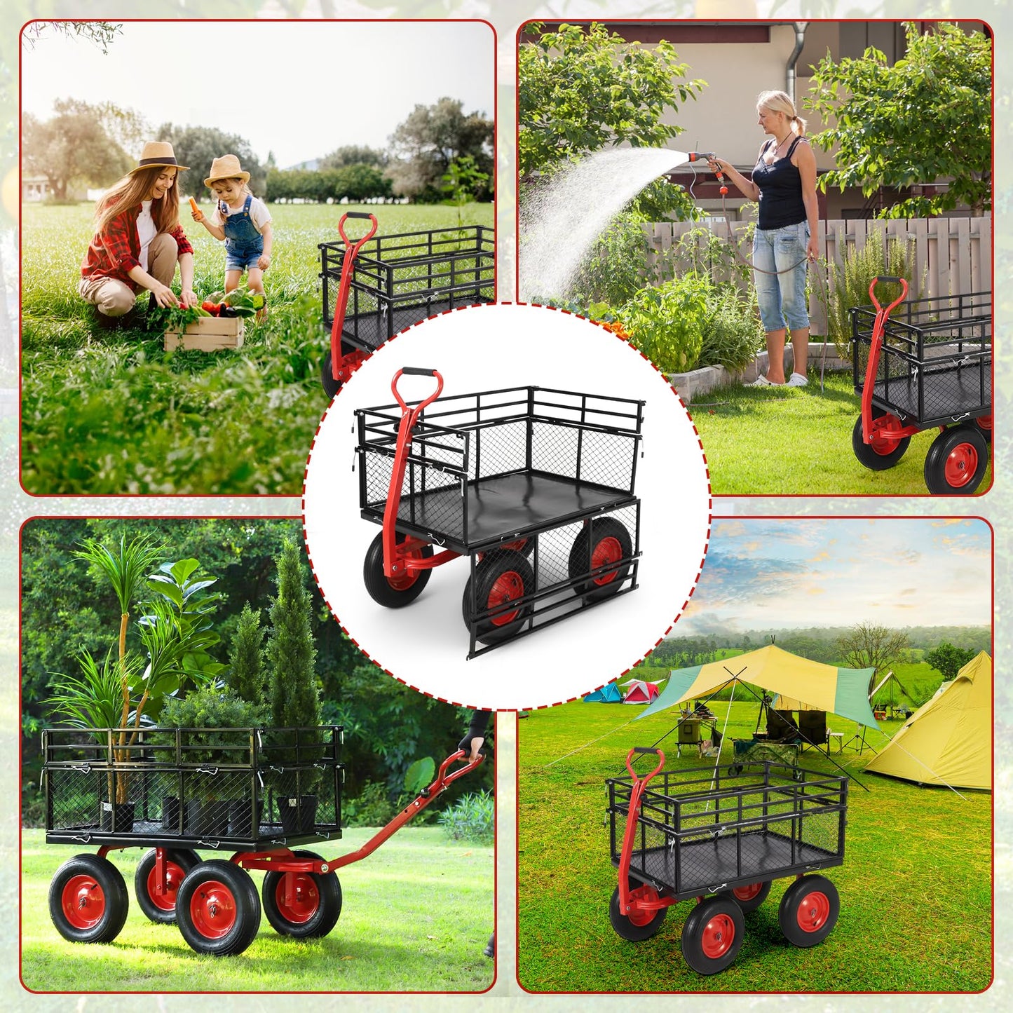 Garden Cart Steel Heavy Duty 1,400 LBS Yard and Garden Wagon with 16 Inch Tire and Adjustable Handle, Attach to ATV or Tractor, Black & Red