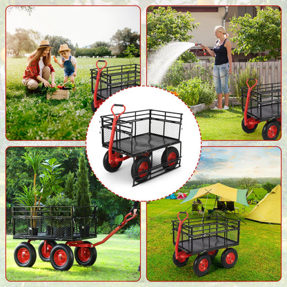 Garden Cart Steel Heavy Duty 1,400 LBS Yard and Garden Wagon with 16 Inch Tire and Adjustable Handle, Attach to ATV or Tractor, Black & Red