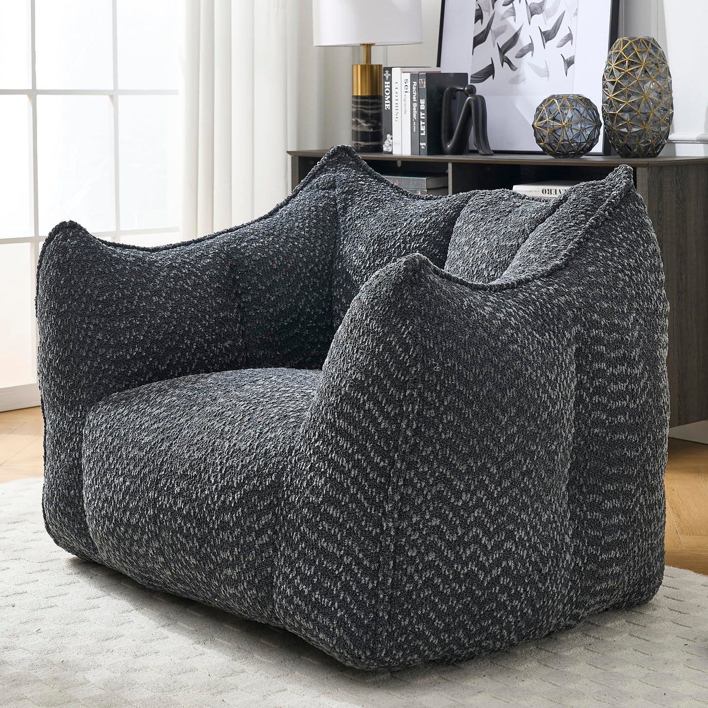 Large Chenille Bean Bag Chair for Adults - Oversized Square Lazy Sofa, Comfortable Gaming Reading TV Seat, 47.2" W x 36.2" D, Black, Living Room & Bedroom Essential