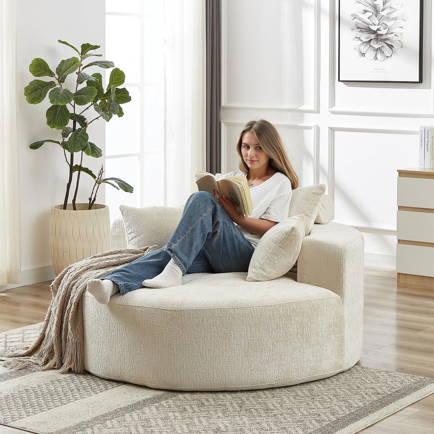 KEIKI 55" Chenille Accent Chair, Sponge Barrel Chairs Upholstered Round Sofa, Single Couch Armchair for Living Room, Beige