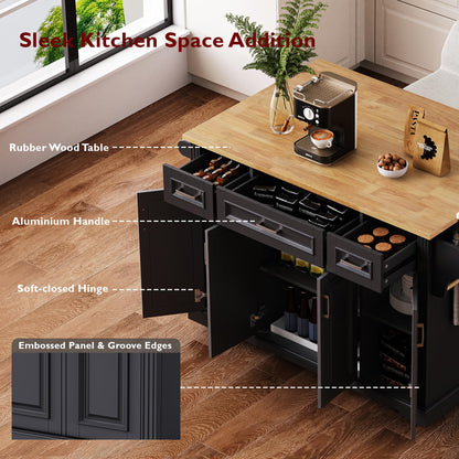 Ball & Cast Large Kitchen Island with Rubber Wood Drop Leaf,Embossed Texture Rolling Kitchen Cart On 4 Wheels W/4 Doors & 3 Drawers,Mobile Kitchen Islands W/ Storage for Kitchen,Dining Room,Black,54"