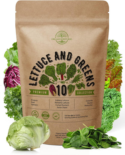10 Pack 4800+ Organo Republic Lettuce & Salad Greens Seeds Variety Non-GMO Heirloom Lettuce Seeds for Planting Indoors