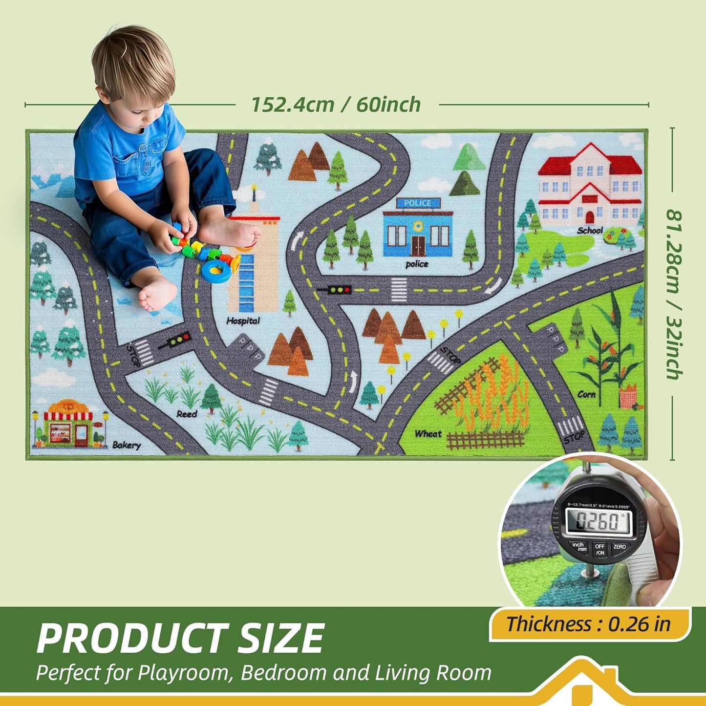 32"x60" 2pcs, BEQHAUSE Kids Rug City Life, Educational Road Traffic Kids Rug Non Slip Washable Play Mat Carpets