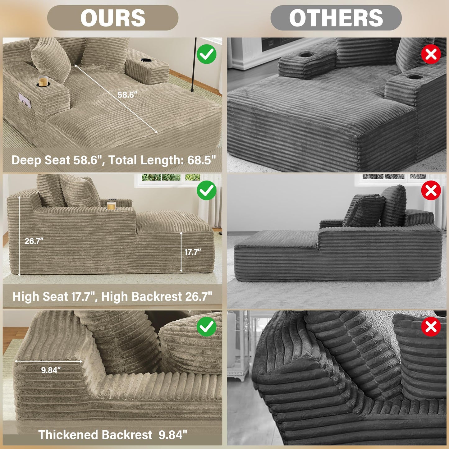 Oversized Chaise Lounge Chair Indoor with Cup Holders & Side Pocket, 50"W x 68"D Plush Corduroy 30D High Density Sponge Boneless Chair with Thickened Backrest Comfy Reading Chair - Light Camel