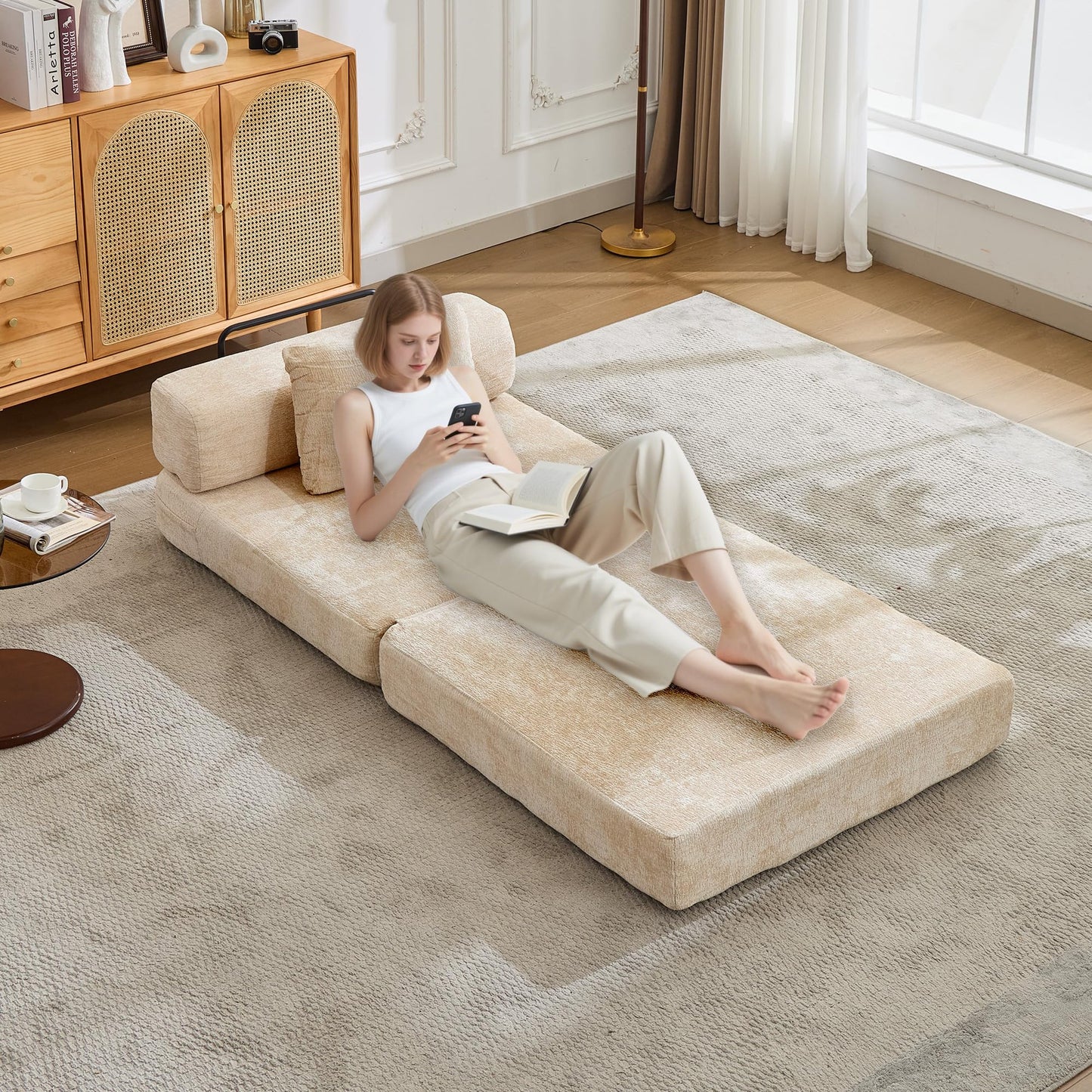 KEIKI Convertible Floor Sofa Bed with Fixed-Shape Frame, Single Seater Boneless Modular Sectional Sofa, No Assembly Required, Compressed Sleeper Couch for Living Room Bedroom, Lounge, Beige