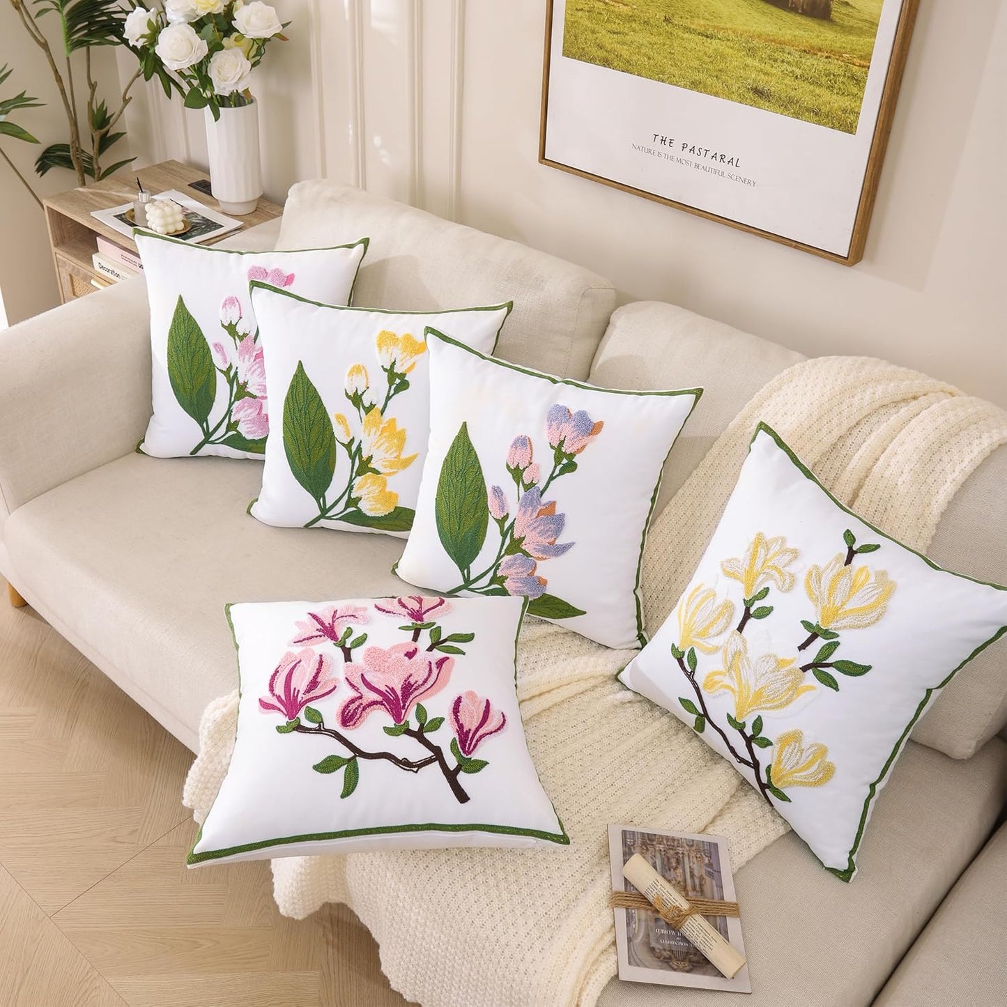 Embroidered Throw Pillow Covers 18x18 Inch Set of 2, Pink Magnolia Flower Spring Pillowcases for Living Room