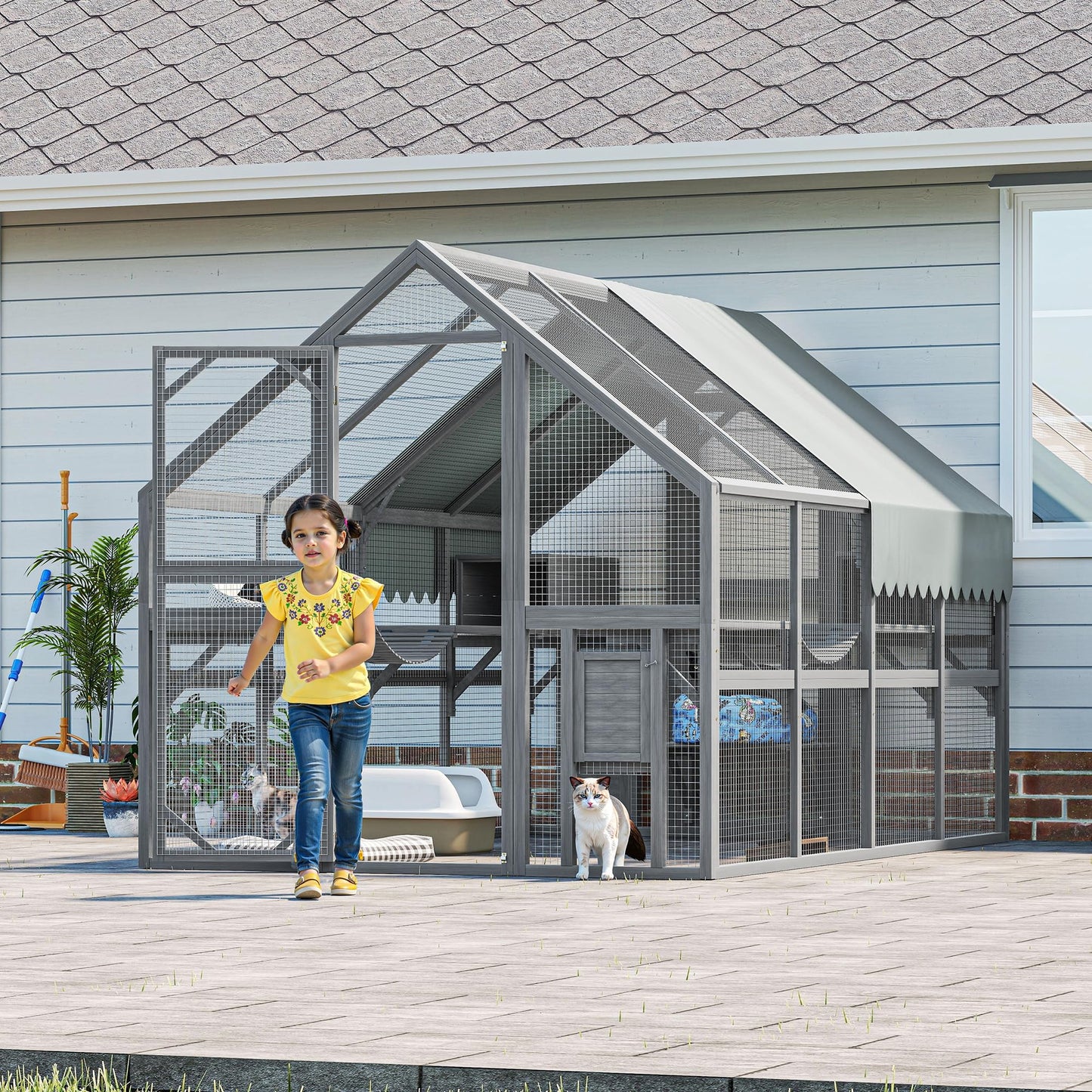 KEIKI 110" Large Outdoor Cat Enclosure for Multiple Cats, Weatherproof Wooden Catio with 7 Platforms, 2 Resting Boxes, 2 Bridges & Canopy, Secure Outdoor Cat House, Gray