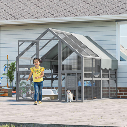 KEIKI 110" Large Outdoor Cat Enclosure for Multiple Cats, Weatherproof Wooden Catio with 7 Platforms, 2 Resting Boxes, 2 Bridges & Canopy, Secure Outdoor Cat House, Gray