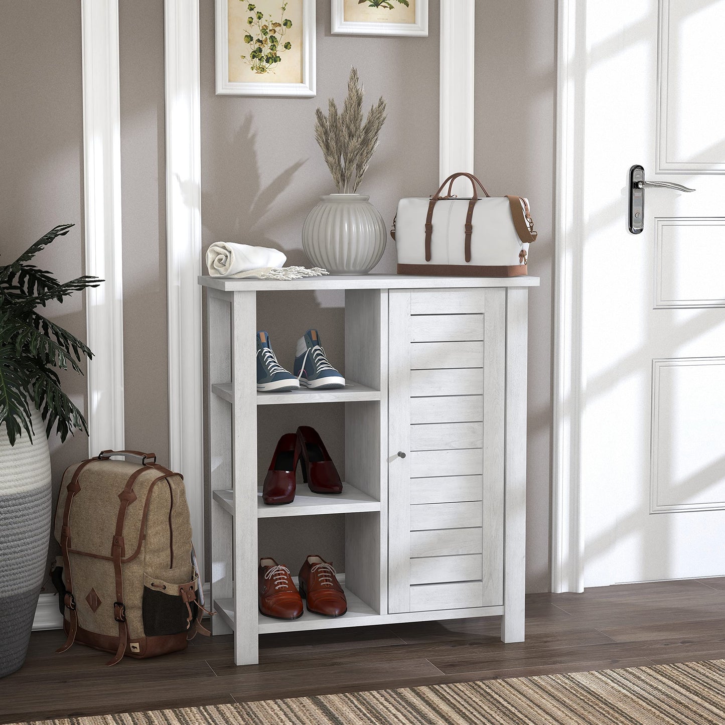 HOMES: Inside + Out Maifan Farmhouse 6-Shelf Wood 28 in. Shoes Cabinet for Living Room, Entryway, White Oak