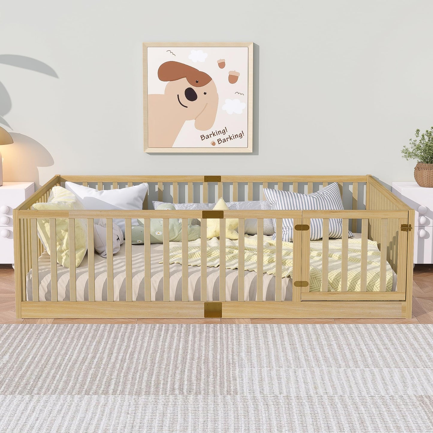 KEIKI Montessori Full Floor Bed with 21.5" High Fence, Revolving Door & 6 Slats, Rubber Wood Floor Bed Frame for Kids, Easy Assembly, Natural